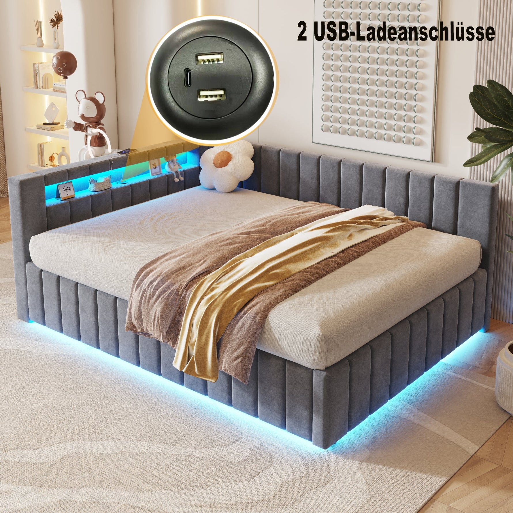 Upholstered Bed/Sofa Bed 140x200 Hydraulic Storage LED/USB Velvet Grey