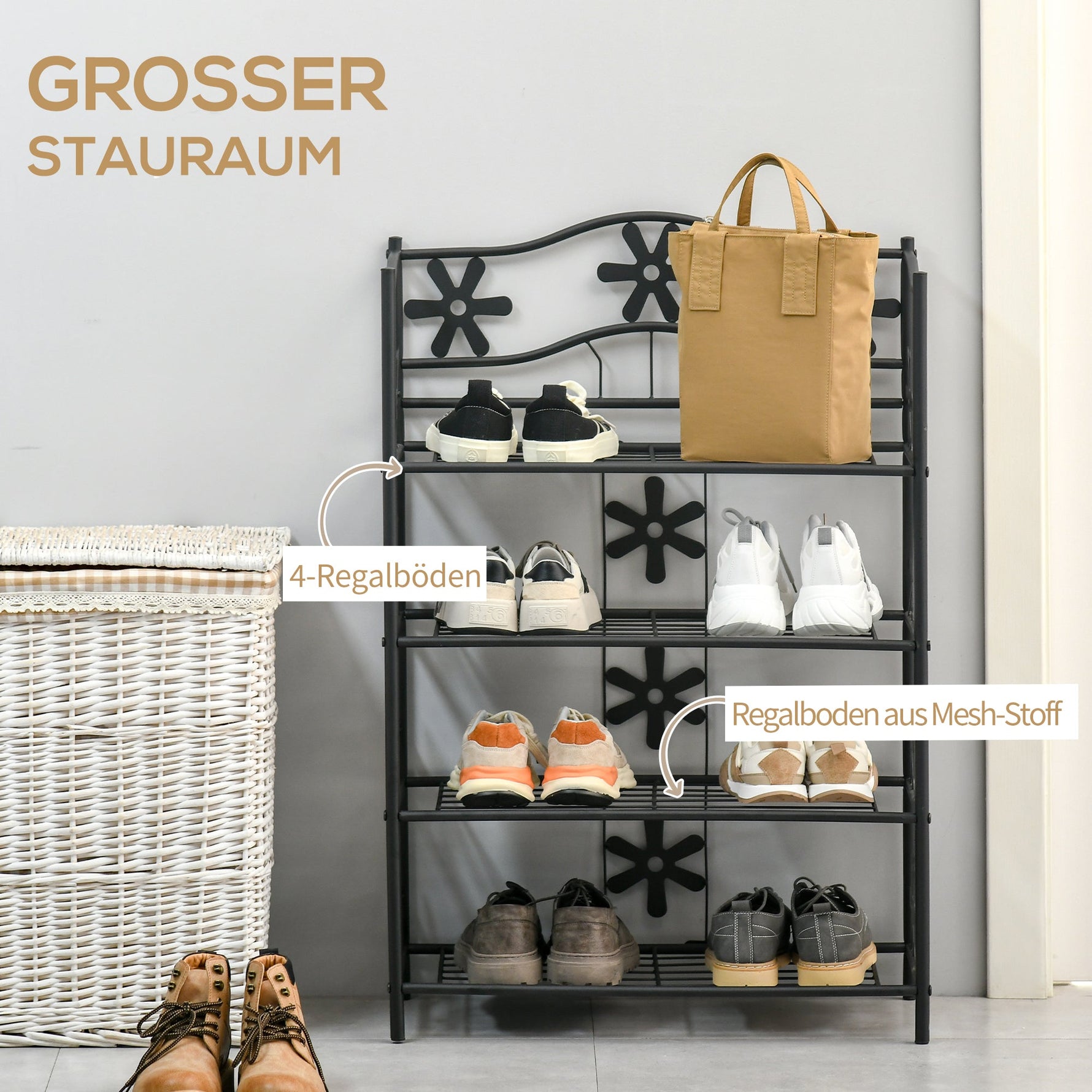 Small Shoe Rack/Plant Stand 4 Tiers Space-Saving Metal Black