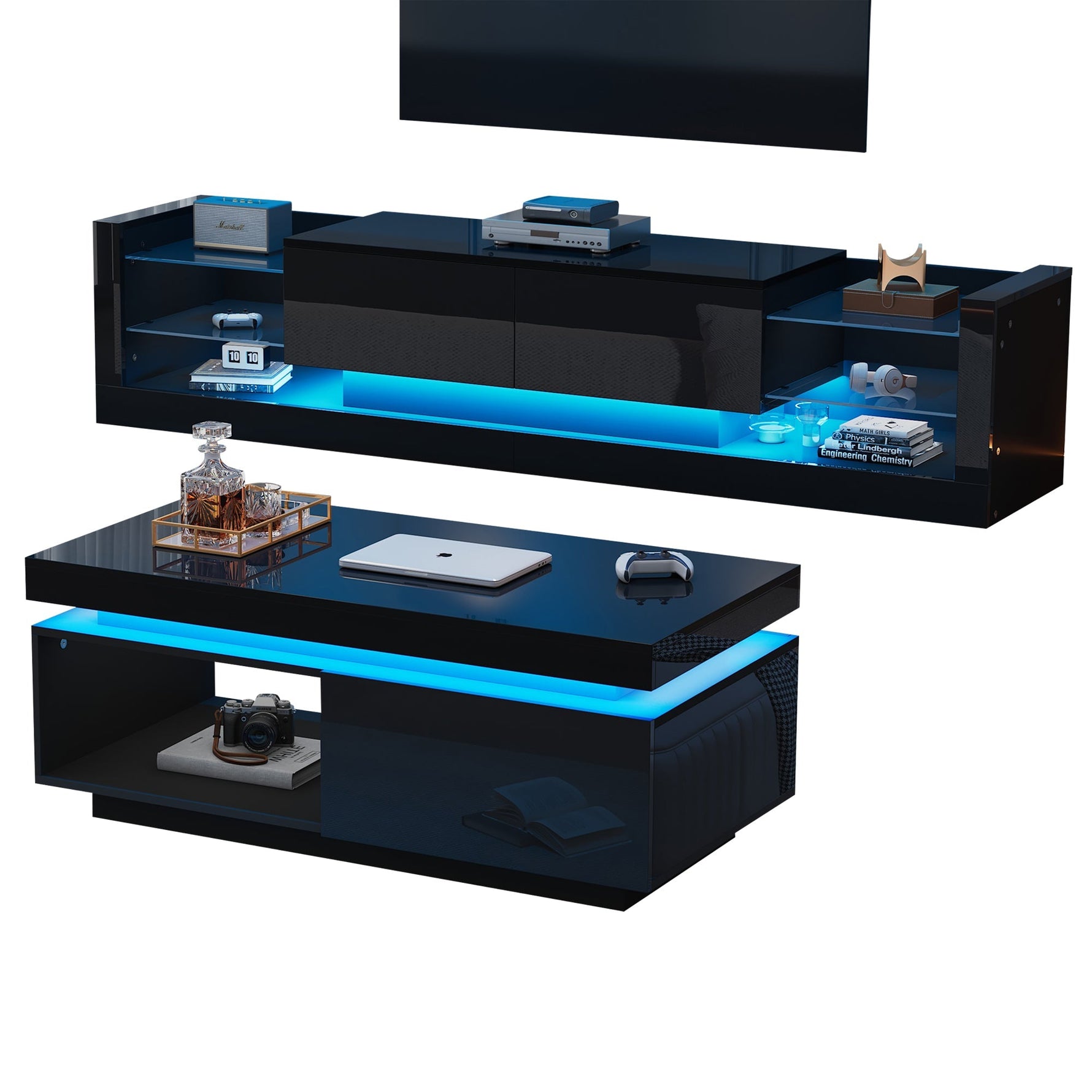 TV Wall Unit Set, Cabinet Coffee Table High-Gloss LED Lights, Black
