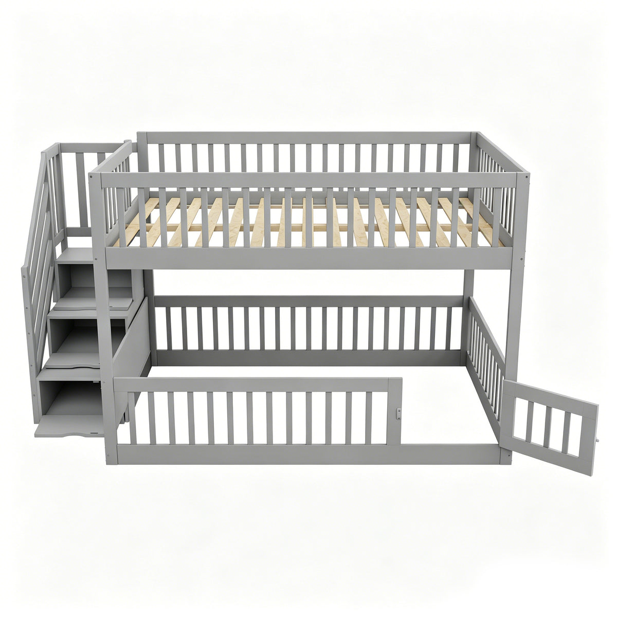 Bunk Bed 140x200 with Safety Stairs & Drawers, Grey Wood
