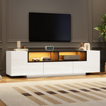 TV Stand Lowboard L-Shaped LED Light Drawers for 75-Inch TV, High Gloss White/Black