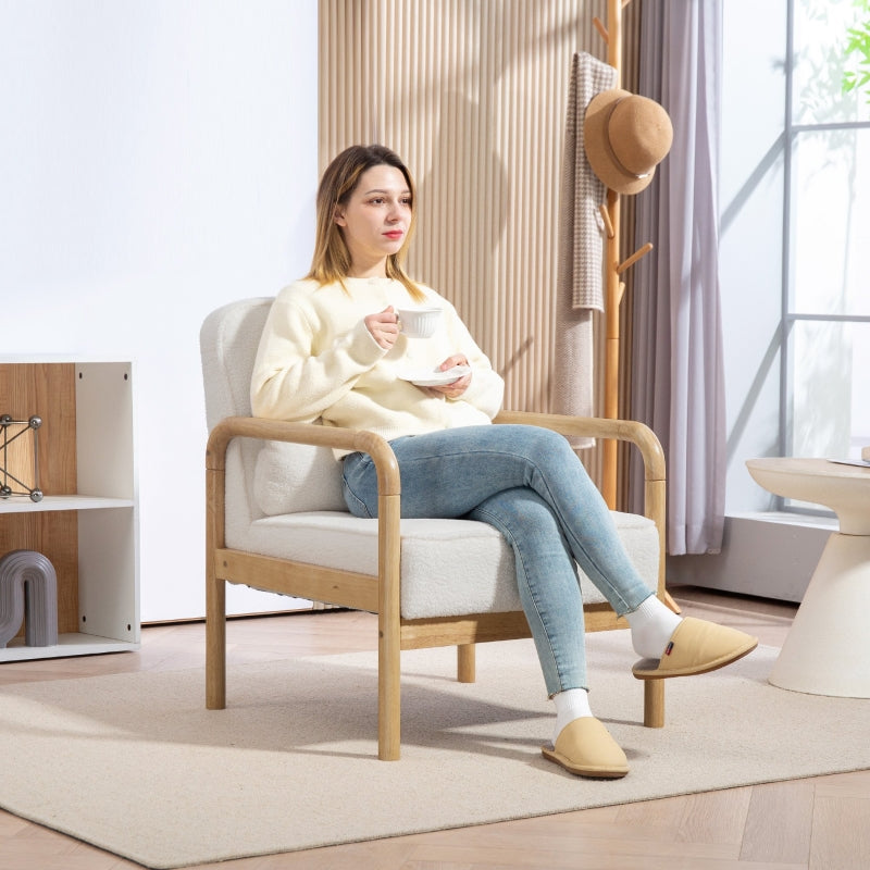 Armchair, Lounge Chair with Armrests, Wooden Legs, Bouclé Look, White