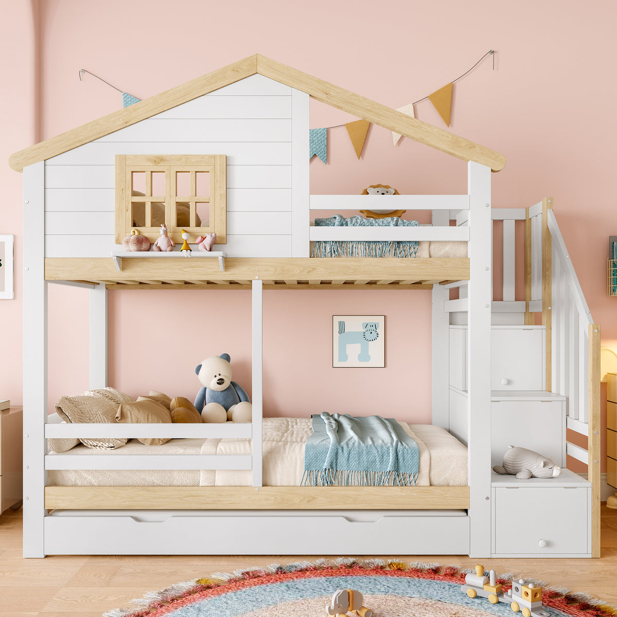 Bunk Bed 90x200cm with Trundle & Storage Ladder, White + Natural