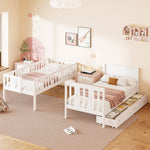 Children's Bunk Bed with Safety Stairs, Storage Drawers, Slatted Base, White Solid Wood