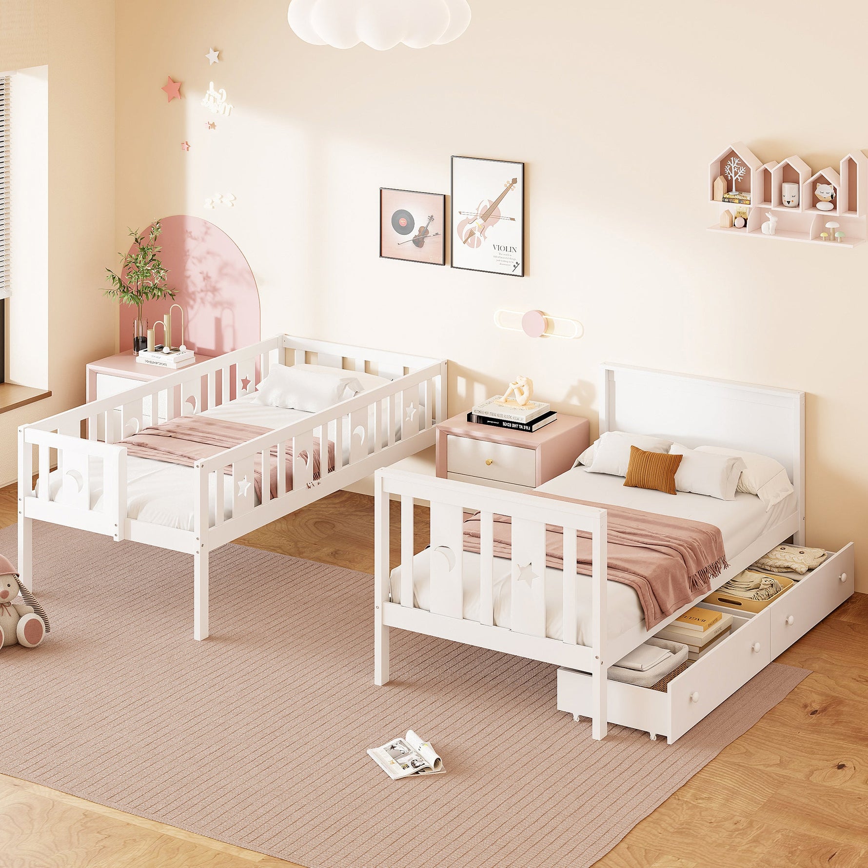 Children's Bunk Bed with Safety Stairs, Storage Drawers, Slatted Base, White Solid Wood
