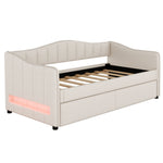 Daybed with Pull-Out Trundle Bed and LED Lighting, 90x200cm, Beige Linen