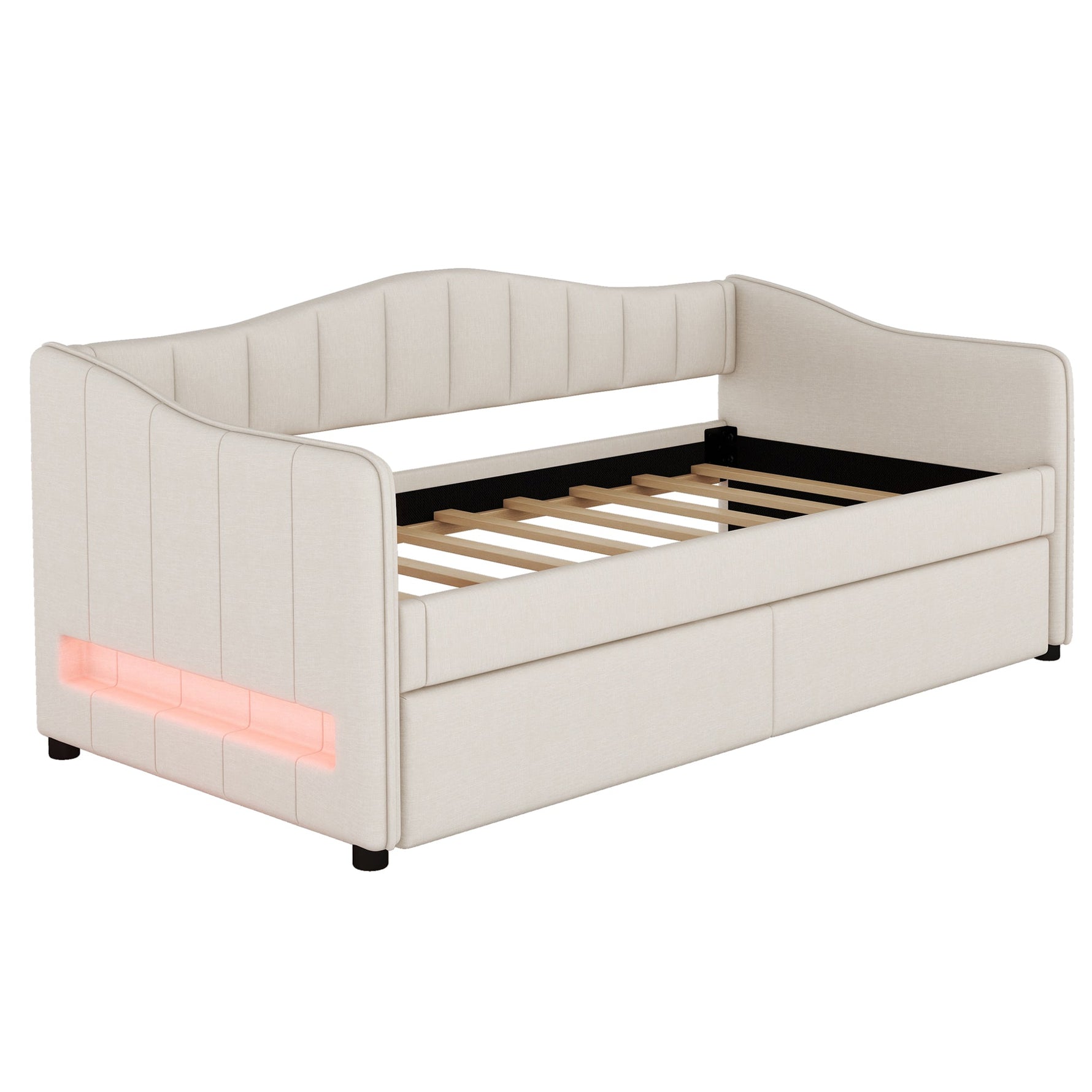 Daybed with Pull-Out Trundle Bed and LED Lighting, 90x200cm, Beige Linen