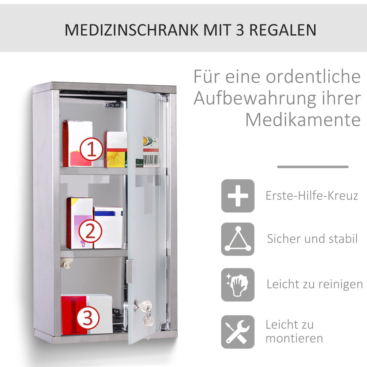 Medicine Cabinet 3 Compartments Home Pharmacy 25x12x48cm Stainless Steel
