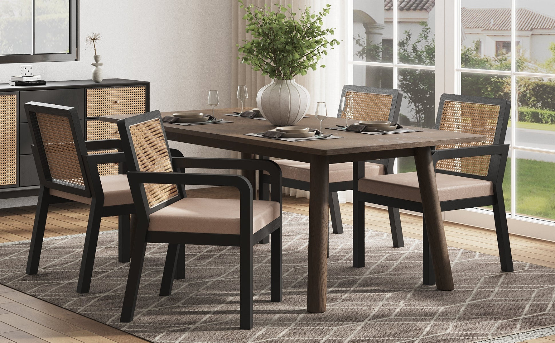 Dining Chair Set of 2 Rattan Backrest Rubberwood Legs - Velour Fabric