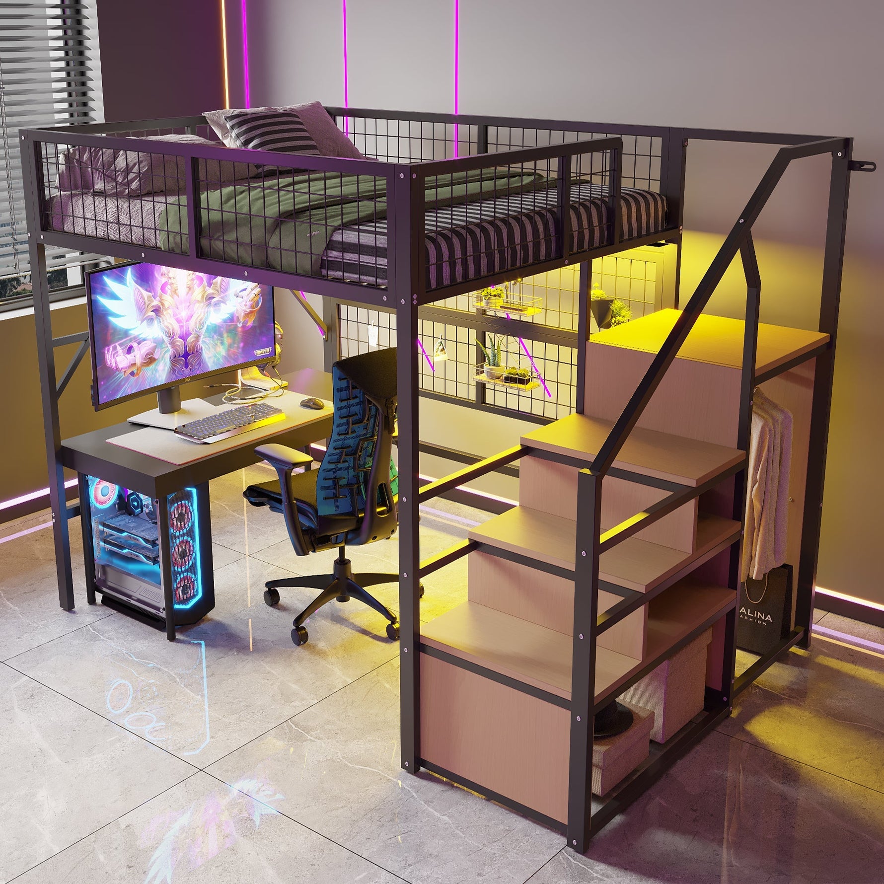 Metal Loft Bed 140x200 LED Lights Storage Open Wardrobe, Black