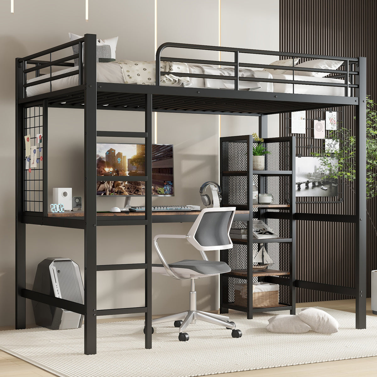 Loft Bed with Desk & Shelves 90x200cm - Black & Dark Wood