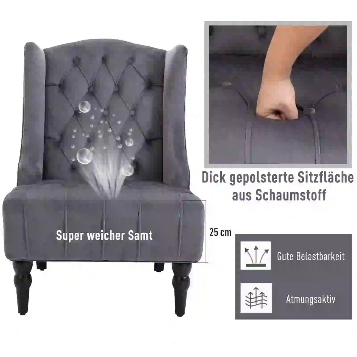 Wingback Chair Recliner, Tufting Raised Legs, Grey Velvet
