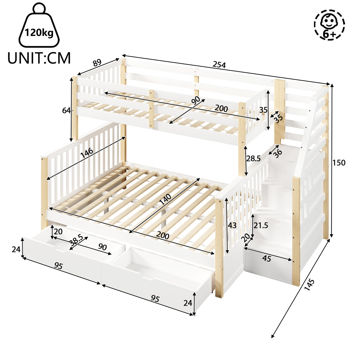 Iron Bunk Bed with Ladder & Storage, 120x200cm, Black Iron & MDF