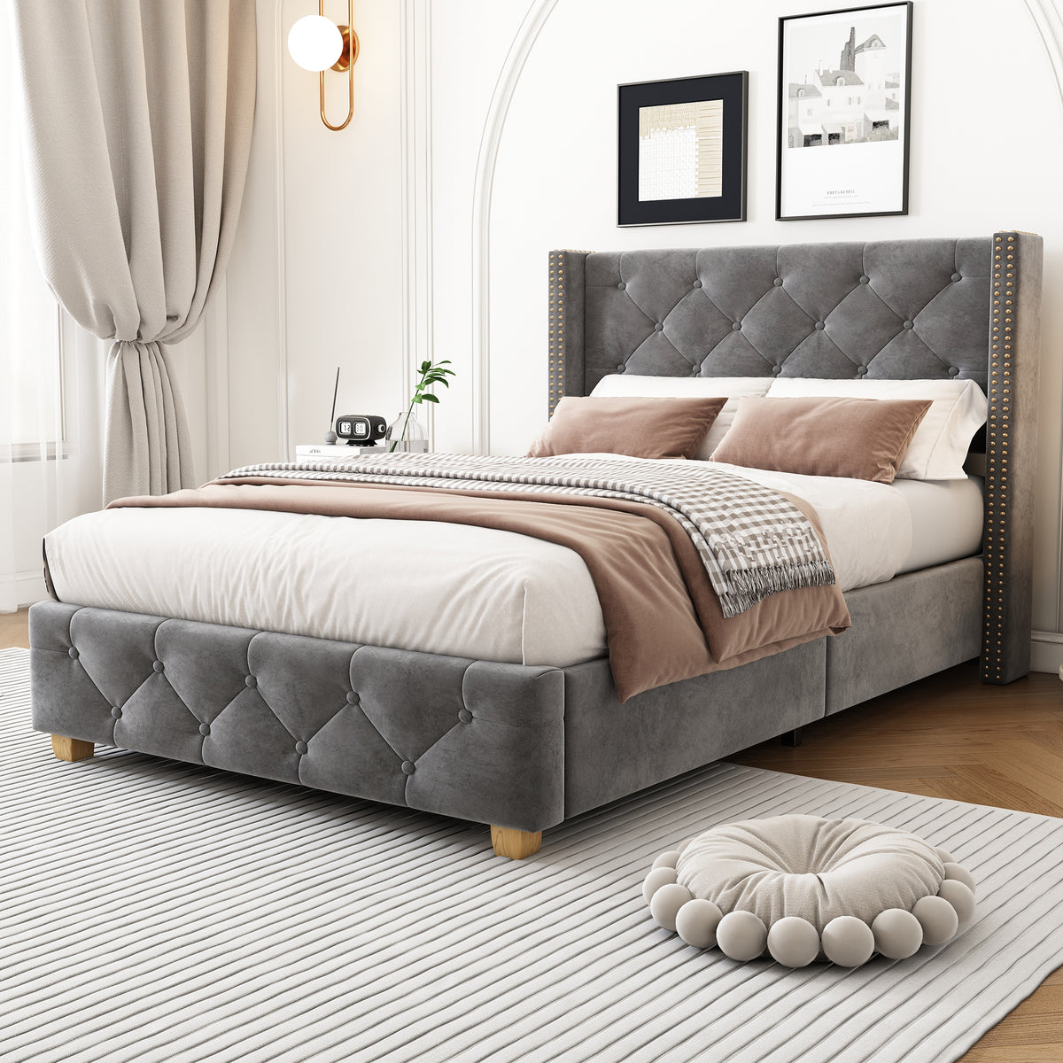 Upholstered Bed 90x200cm with Slatted Frame, Grey Velvet