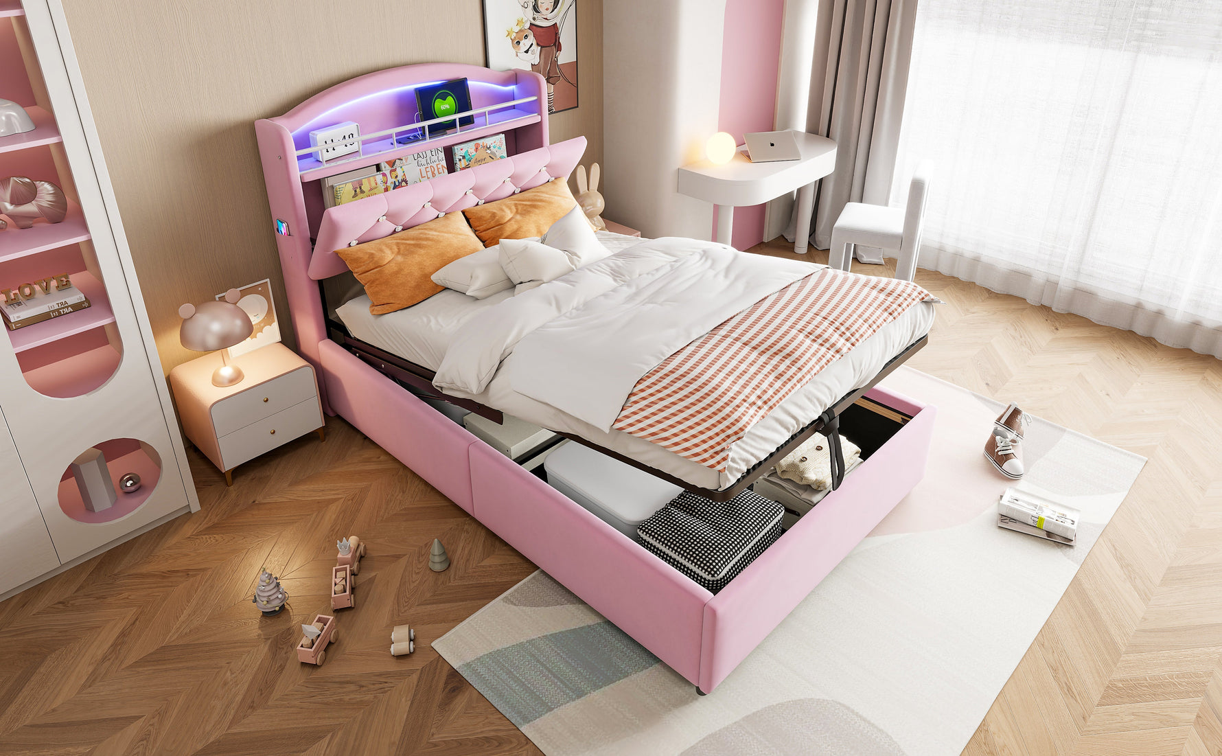 Children's Upholstered Bed, Multifunctional with Storage, LED, USB, Velvet Pink