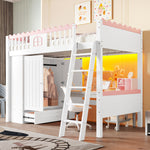 Bunk Bed with LED Lights, Wardrobe & Drawer, White Pine Wood