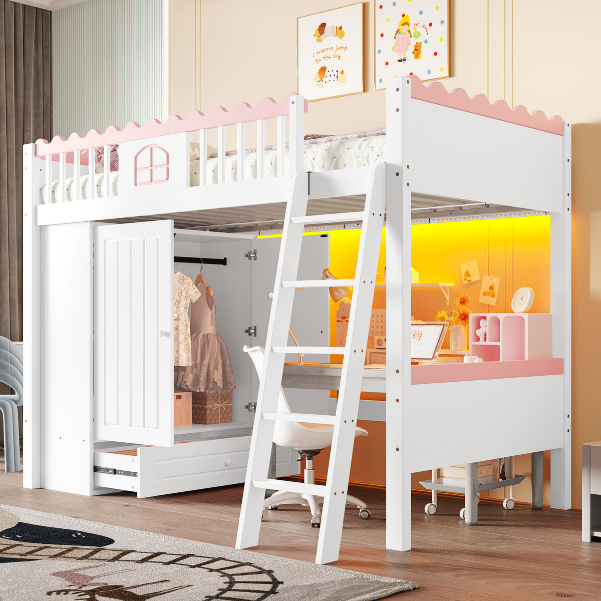 Bunk Bed with LED Lights, Wardrobe & Drawer, White Pine Wood