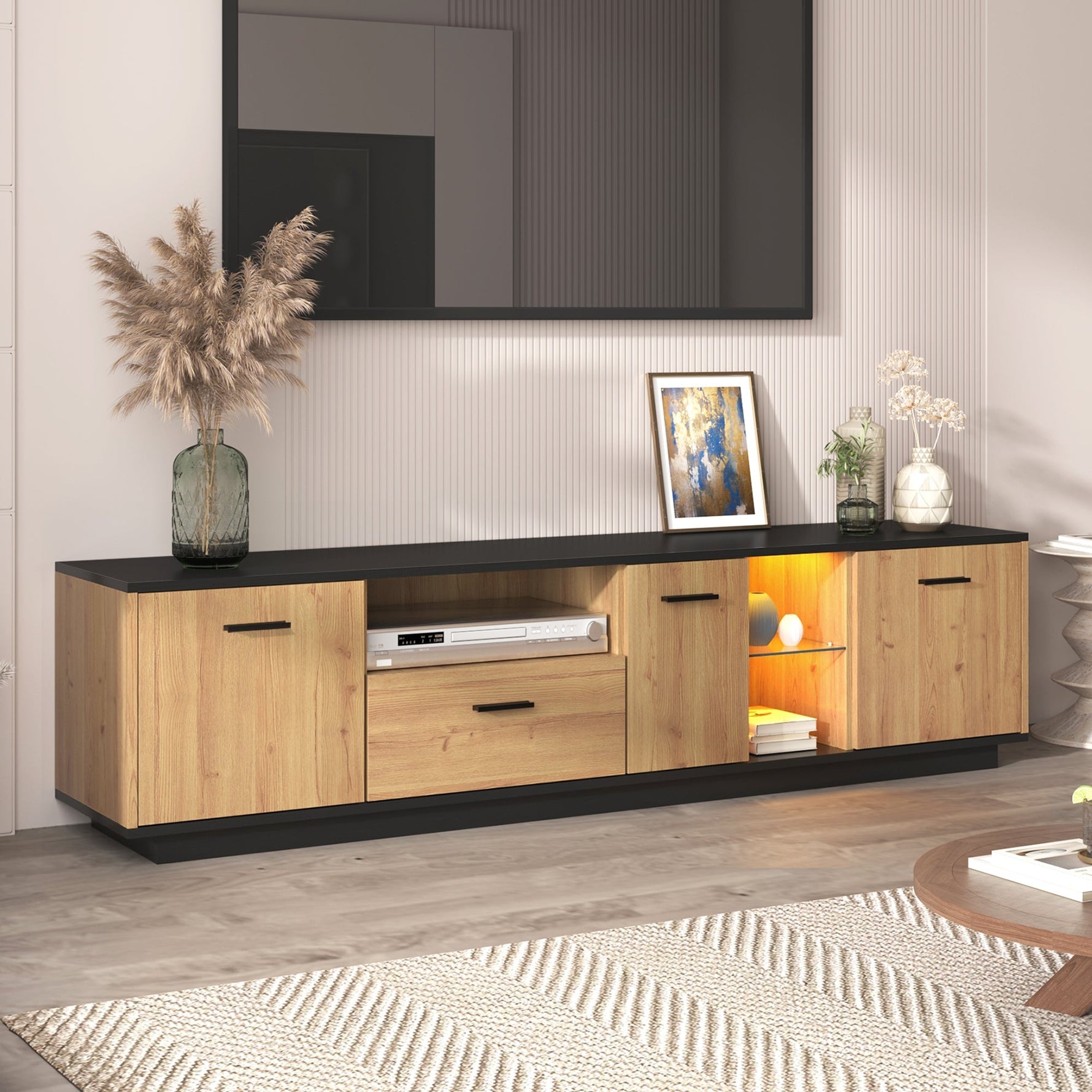 TV Cabinet 1 Drawer 3 Doors Glass Compartments Fine Texture 16 LED Lights, Black/Natural Wood