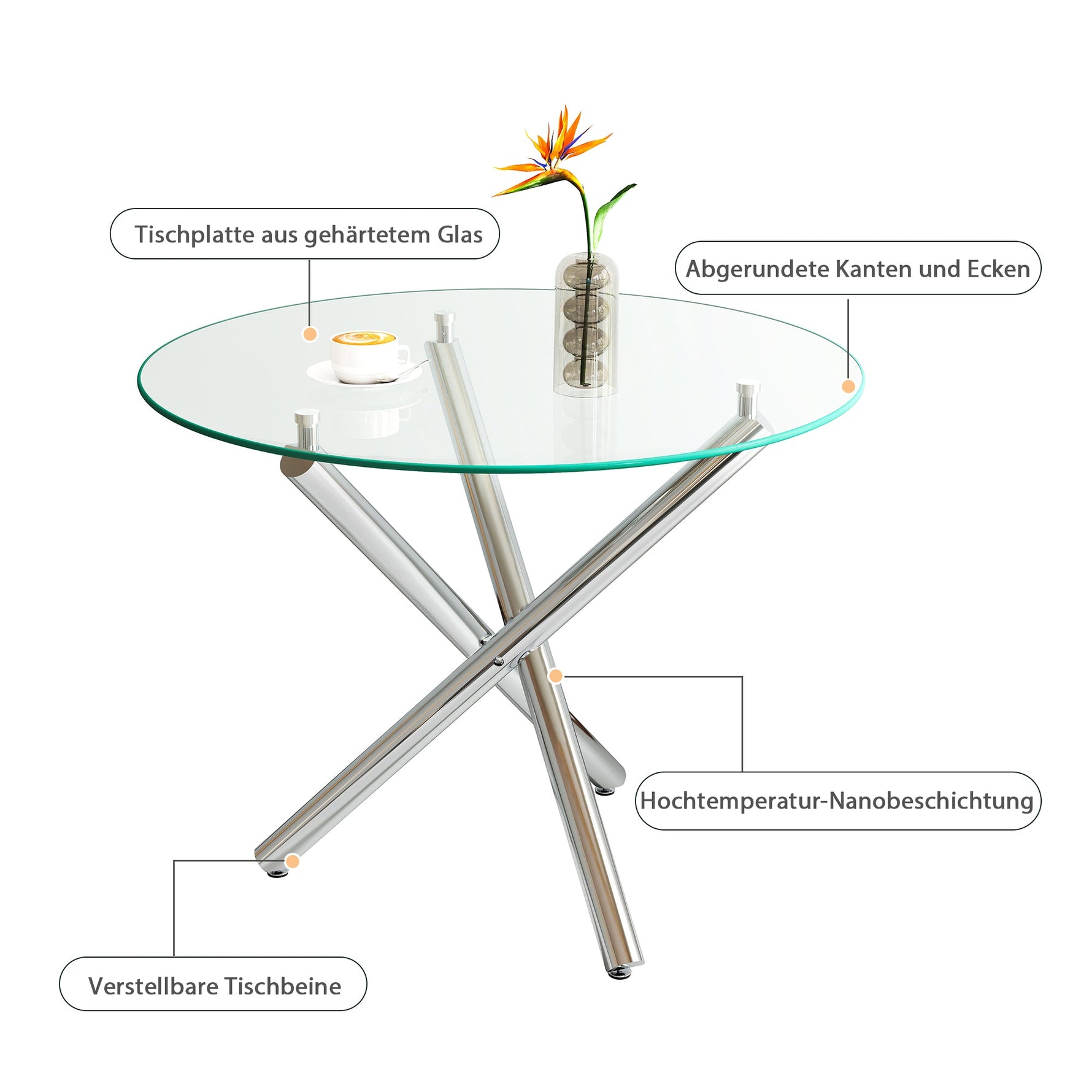 Round Dining Table 80x80x76cm Tempered Glass Metal Legs