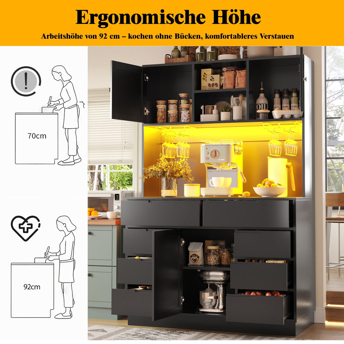 Tall Cabinet 120x40x183.5cm Smart LED Lighting 8 Drawers Adjustable Shelves Black