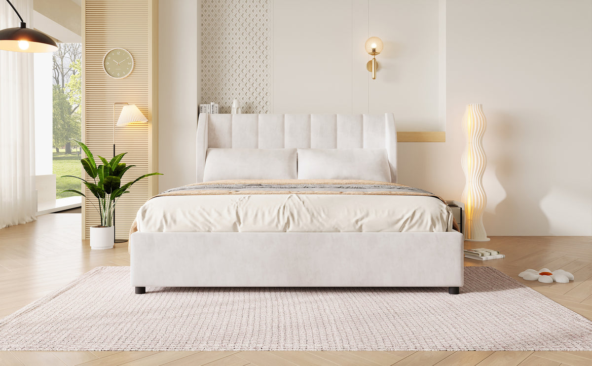 Upholstered Platform Bed 140x200cm with Slatted Base, Velvet Beige