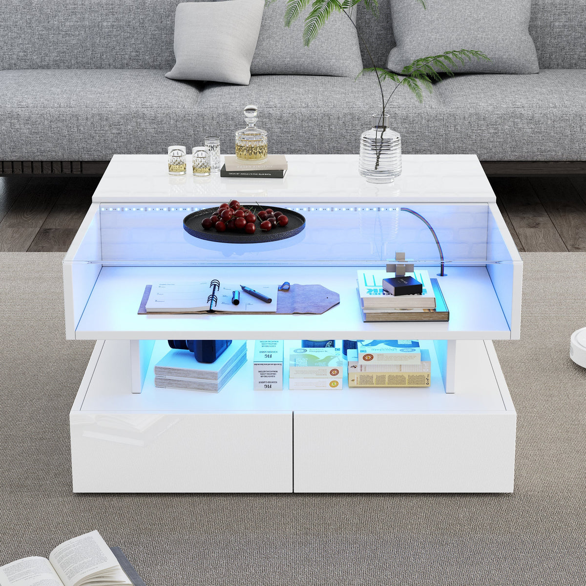 Coffee Table, 80x80x45cm Height-Adjustable Storage LED Lights Tempered Glass, White