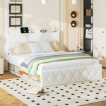 Upholstered Double Bed 160x200cm, USB LED & 6 Drawers, White Plush