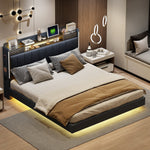 Upholstered Bed, 160*200 LED, USB, Storage Headboard, Grey Linen