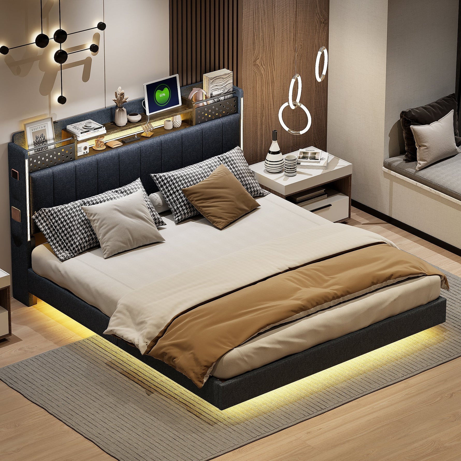 Upholstered Bed, 160*200 LED, USB, Storage Headboard, Grey Linen