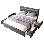 Bed Frame, 140x200cm, LED, 4 Drawers, Adjustable Headboard, Wooden Slats, Grey