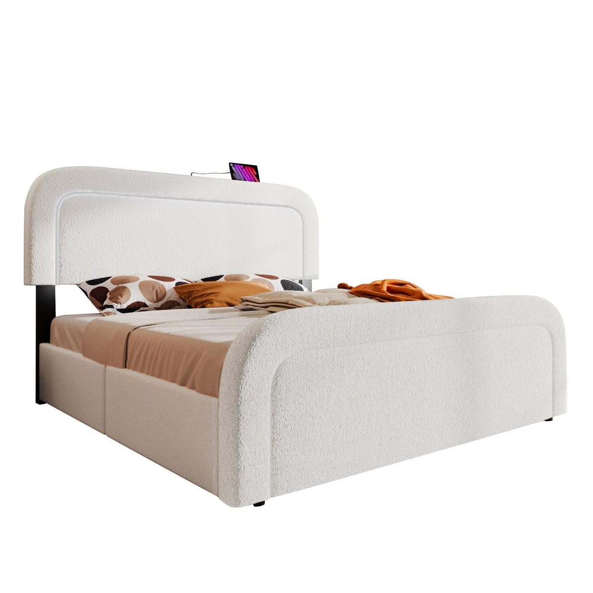 Upholstered Bed Frame with USB Type C, LED and 4 Drawers, 160x200cm, Sherpa White