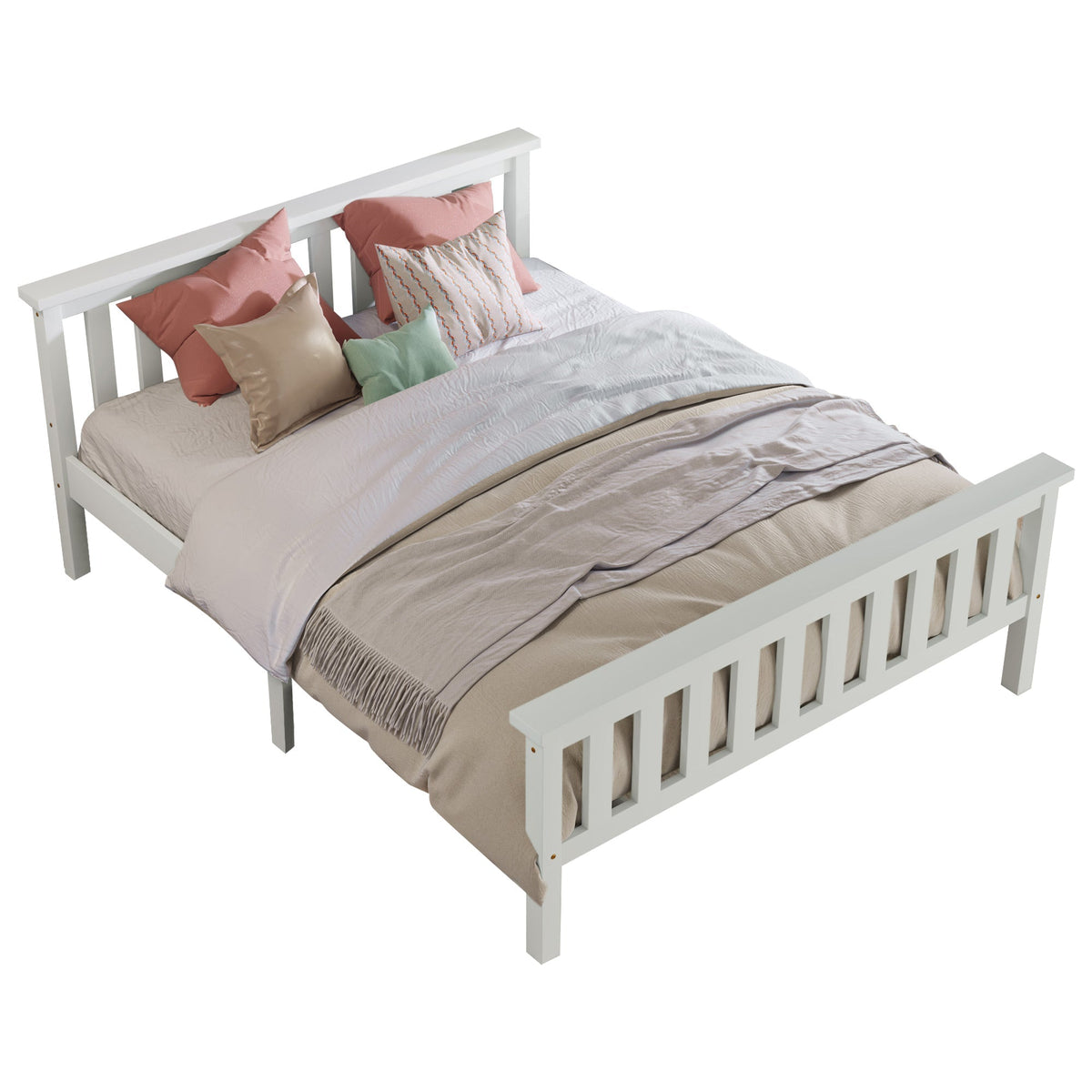 Double wooden bed with slatted frame for adults children teenagers white