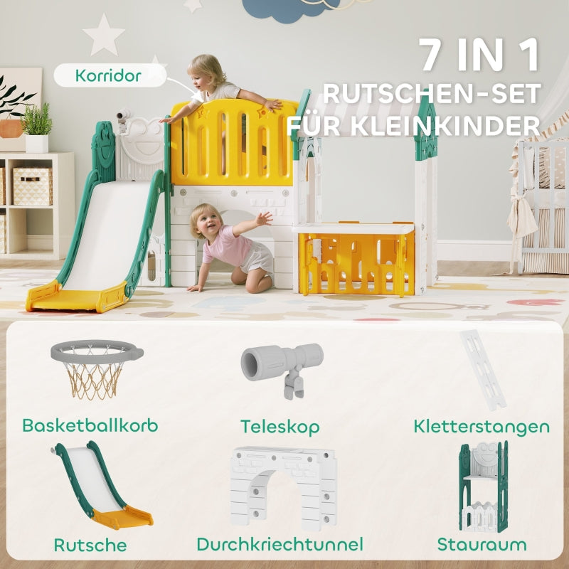 7-in-1 Children's Slide Indoor Playground with Climbing Frame and Playhouse, Yellow and Green Plastic