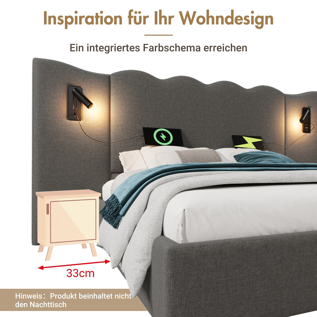 Upholstered Double Bed, 160×200, Reading Lamp, USB Type-C, Storage, Solid Wood & Metal, Grey Linen