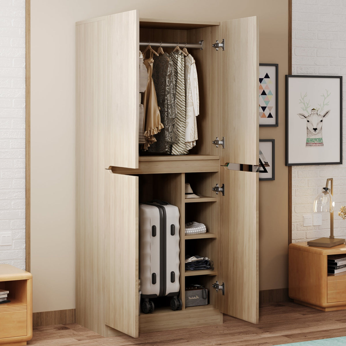 Wardrobe Double Door 70x40x170cm Storage Compartment, Wood Color