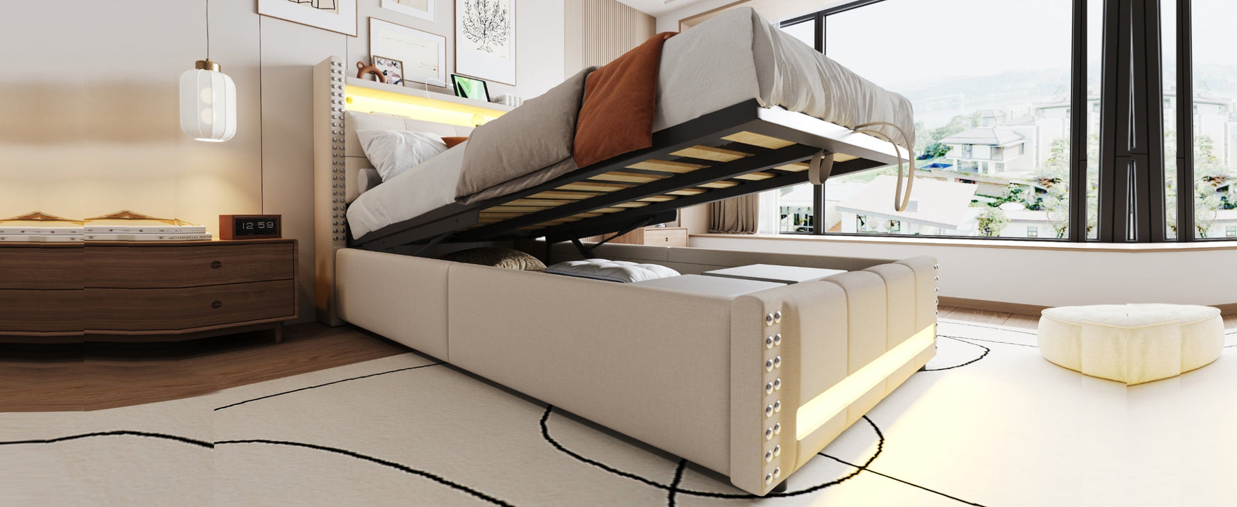Upholstered Children's Bed with LED, USB, Storage, 90x200cm, Linen Fabric Beige