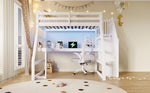 Wooden Loft Bed 90x200 with Desk, LED, USB & Storage Stairs, White
