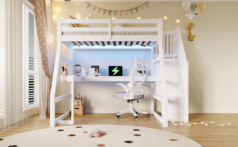 Wooden Loft Bed 90x200 with Desk, LED, USB & Storage Stairs, White
