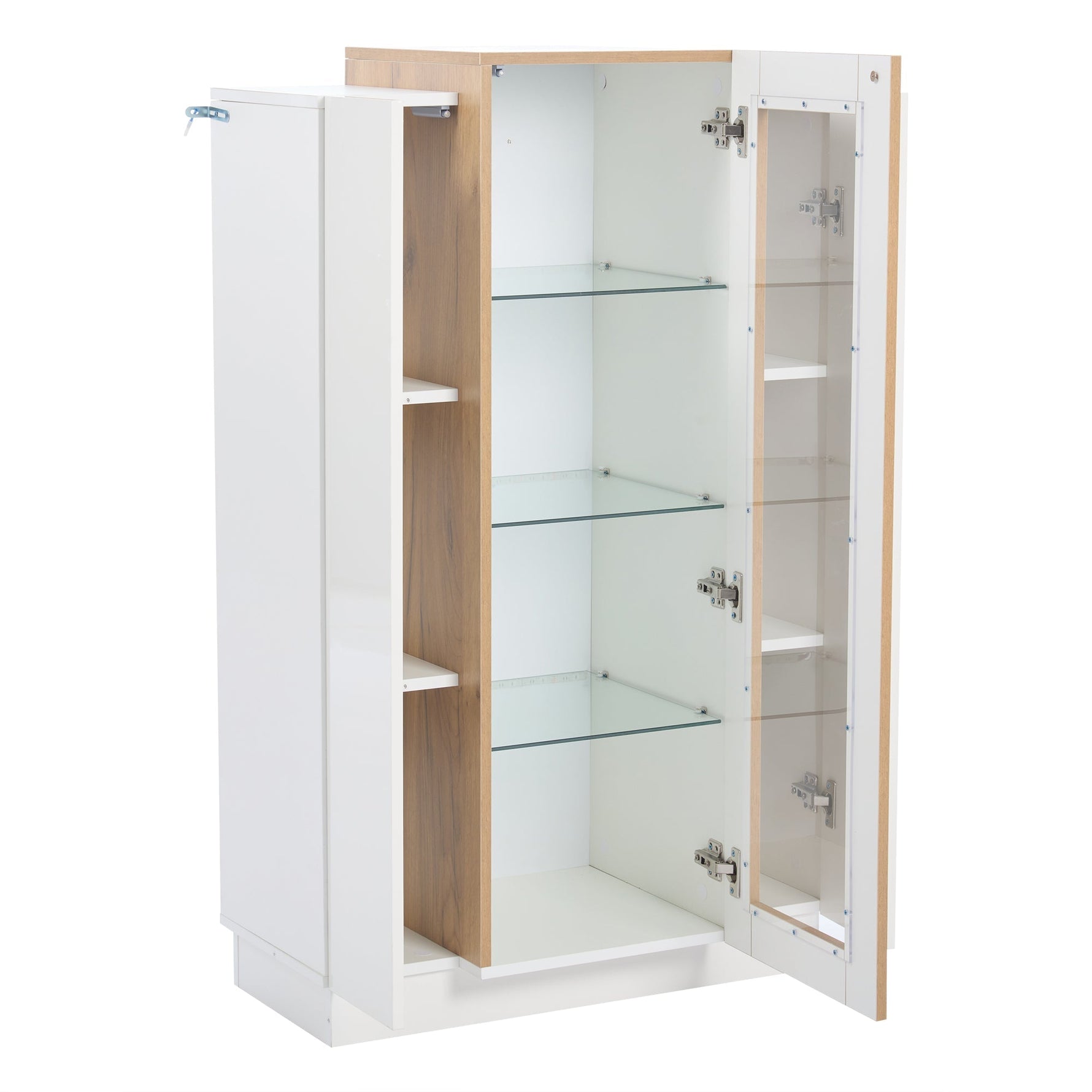Living Room Cabinet, 3-Door High-Gloss LED Display, Glass Shelves & Drawer, Transparent