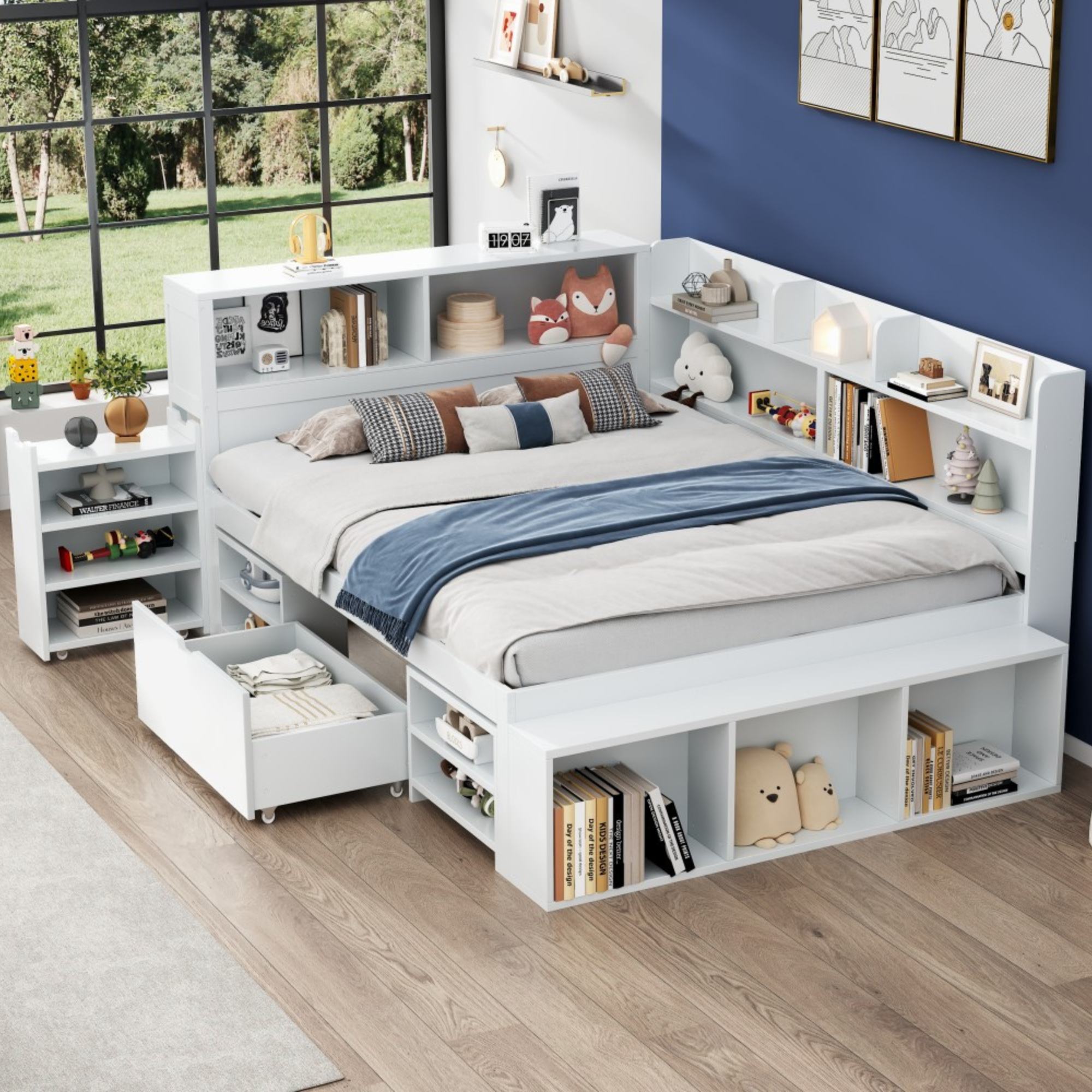 Children's Single Bed 140x200cm Storage Drawers Bookshelf White