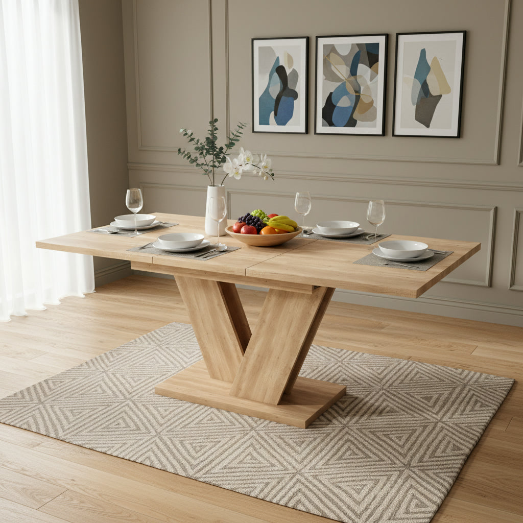 Extendable Dining Table 140/180x80cm Rectangular Thickened Top V-Shaped Legs Oak Color