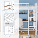 Iron Frame Bunk Bed with Table, Shelves, Ladder, Rail, 90x200cm, White + Natural Iron + MDF