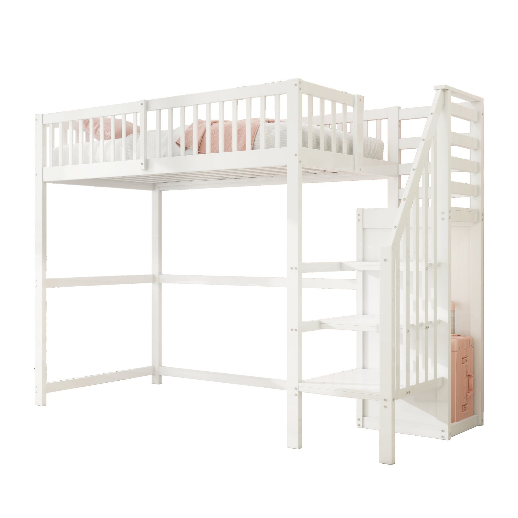 Loft Bed 90x200 with Stairs Storage Shelf Wardrobe, White Wooden