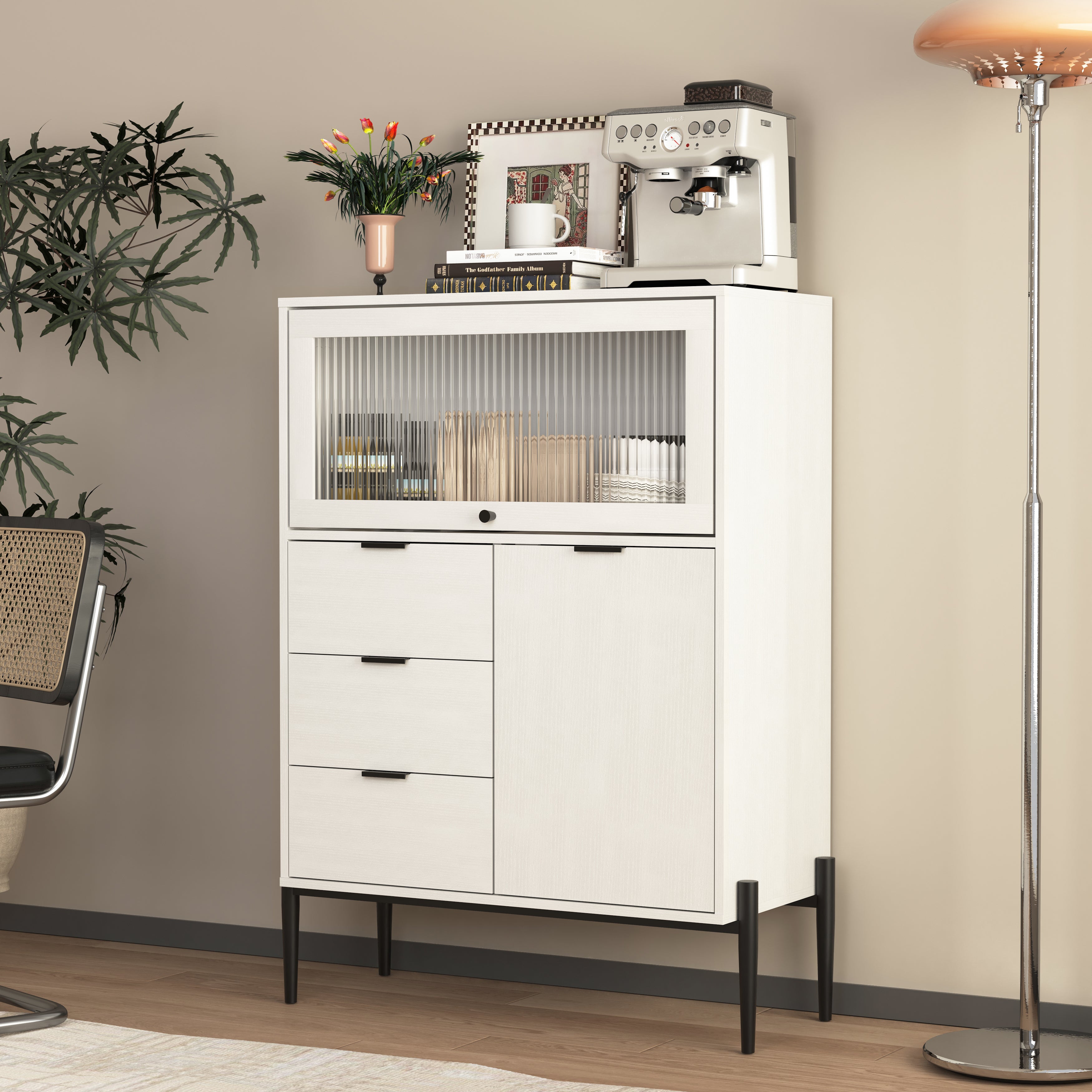 Sideboard with 3 Drawers 1 Glass Door Storage 85x40x120cm - Wooden