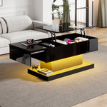 High-gloss Lift-Up Tea Table, LED Coffee Table with Storage, 100x50x45 cm