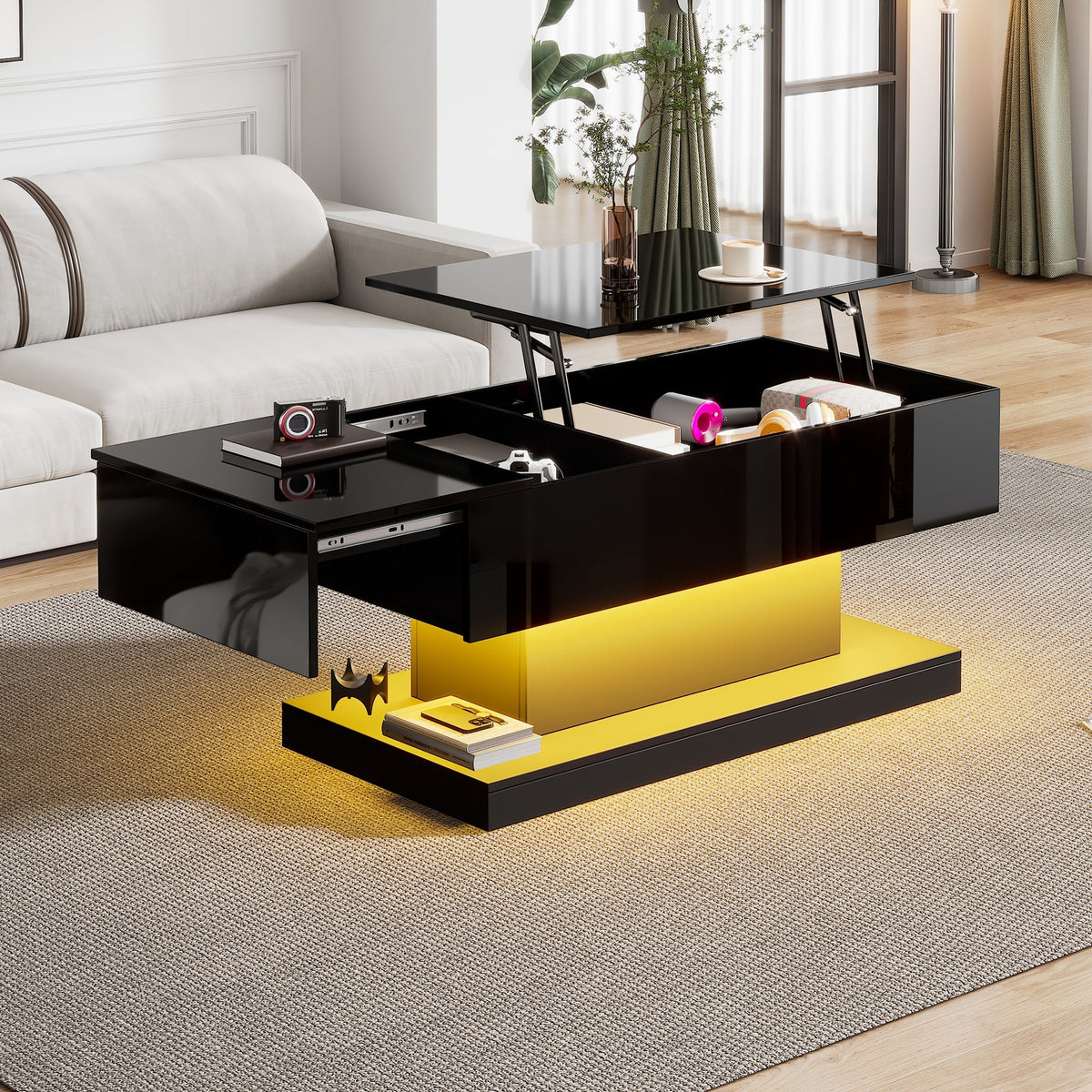 High-gloss Lift-Up Tea Table, LED Coffee Table with Storage, 100x50x45 cm