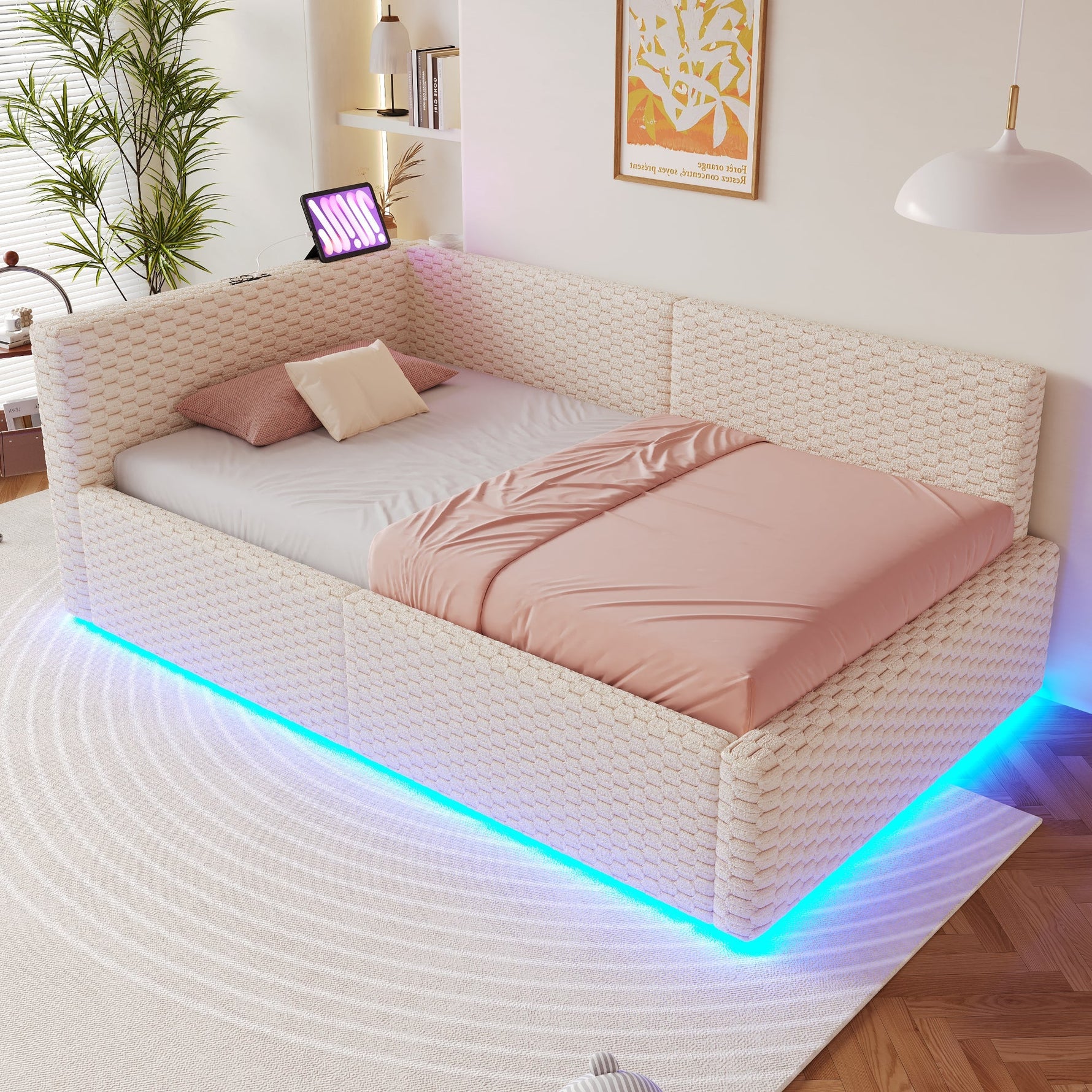 Upholstered Bed 90x200cm with LED Lighting, USB Ports and Hydraulic Storage, Beige Velvet