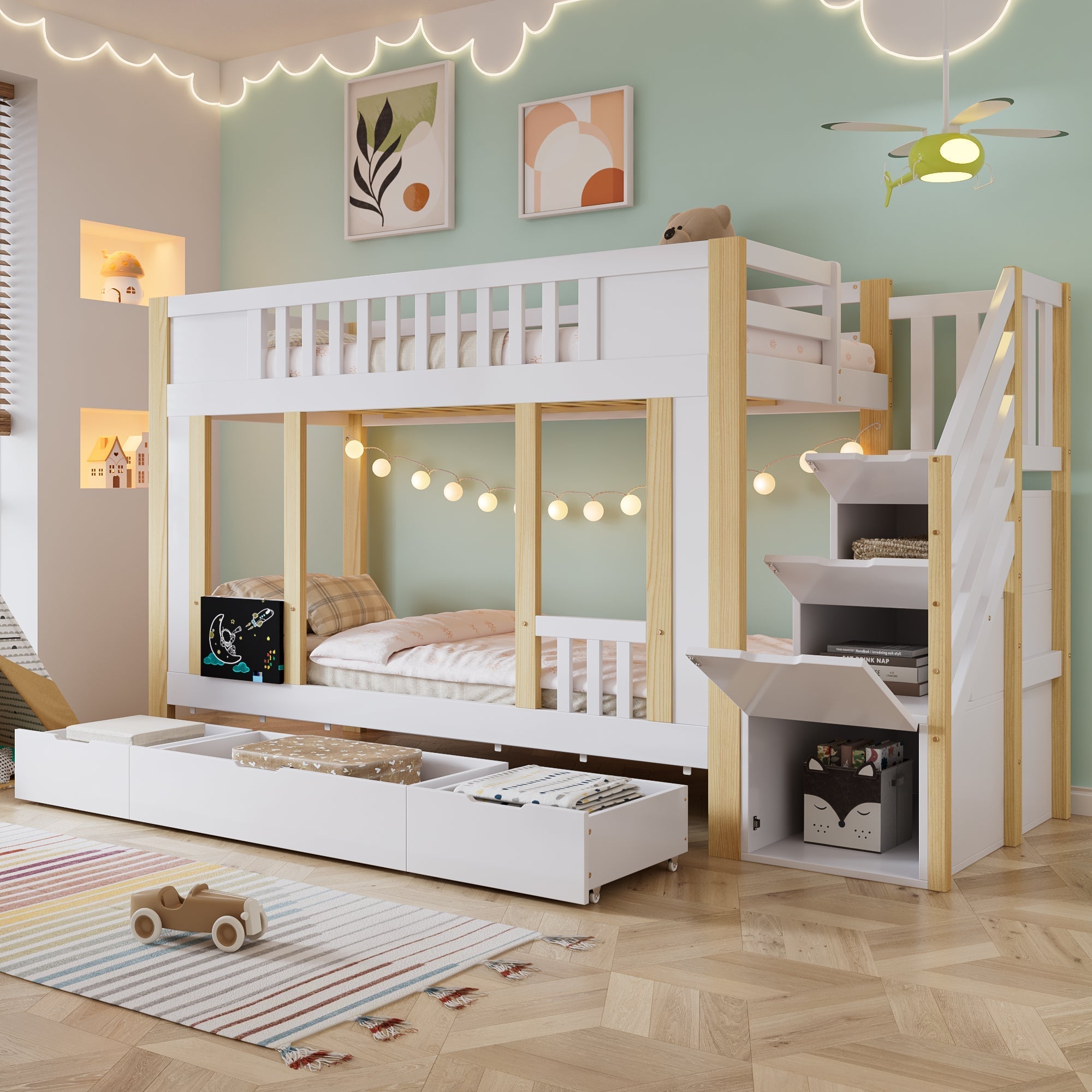 Children's Bunk Bed Storage Stairs Drawers Chalkboard 90x200cm, Pine MDF White/Natural