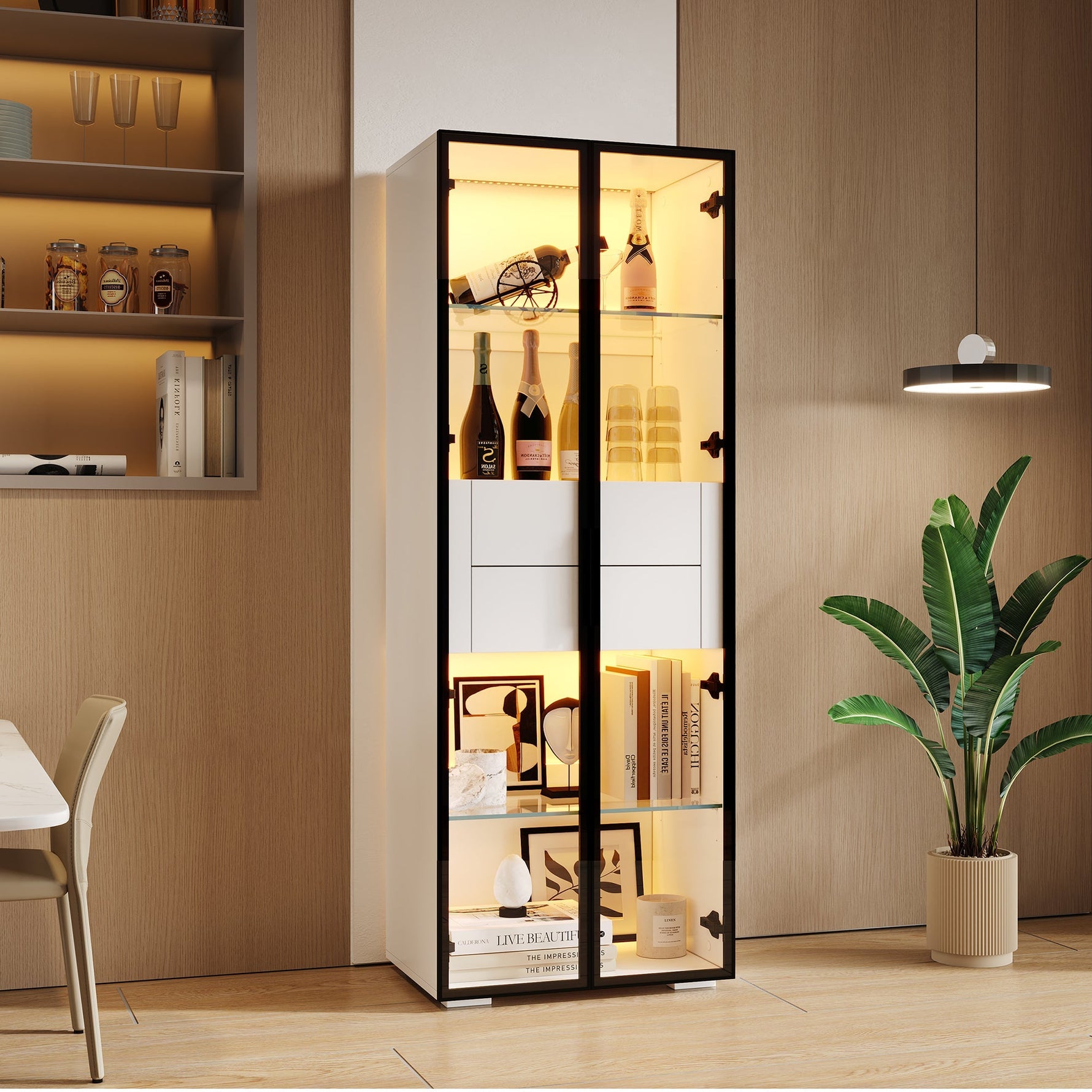Display Cabinet, Tempered Glass Door, LED, 2 Drawers, White