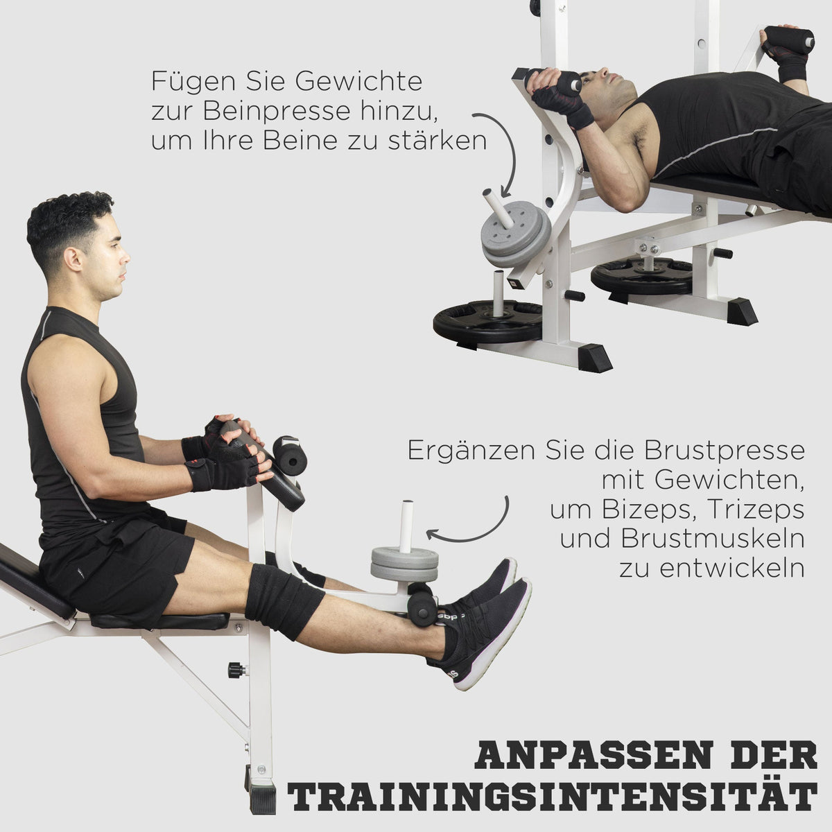 Weight Bench with Leg Press, Barbell Rack, and Armrests, Black and White